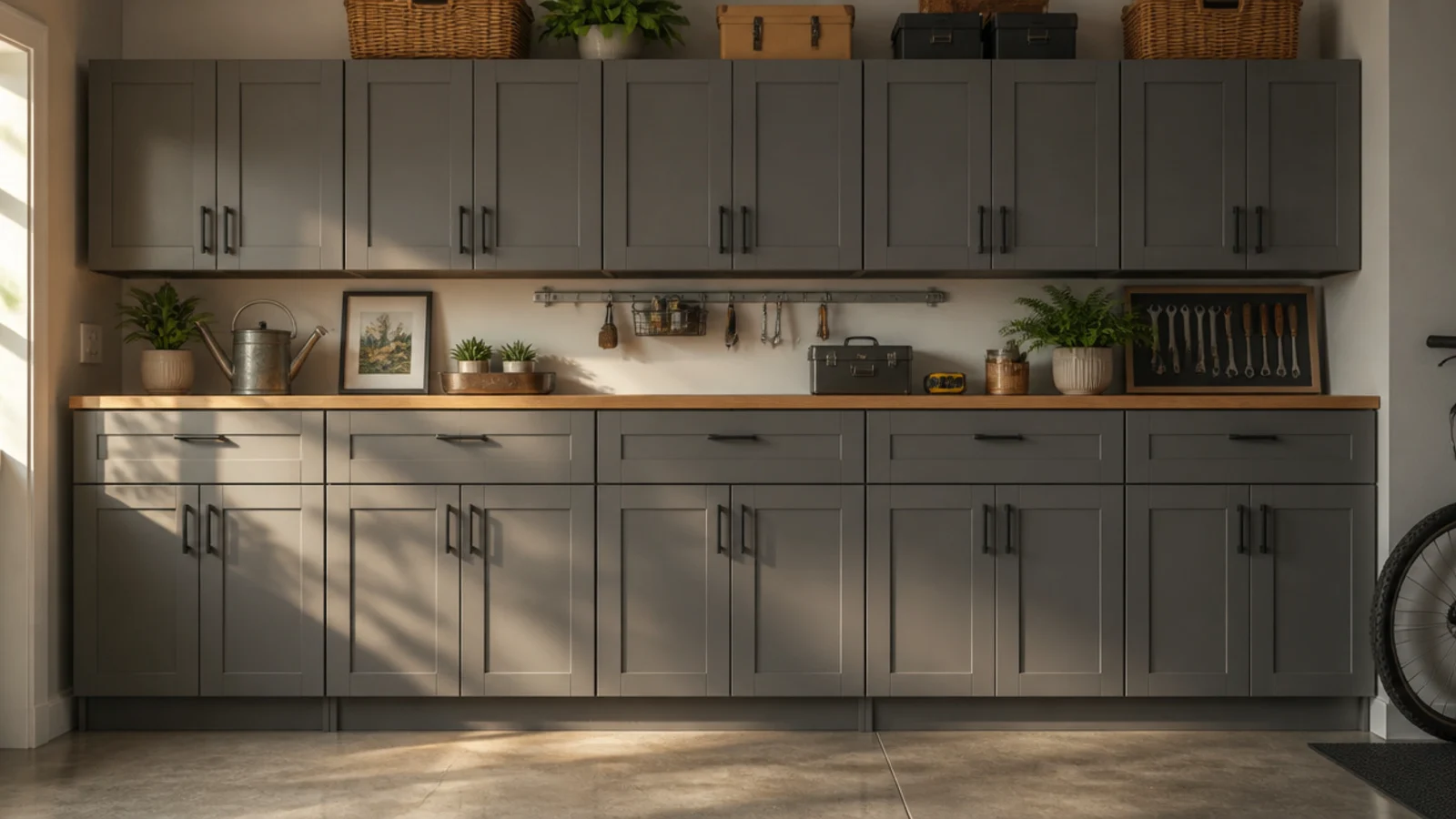 A run of matching matte-gray garage cabinets, base and upper units with a continuous countertop, all doors closed.