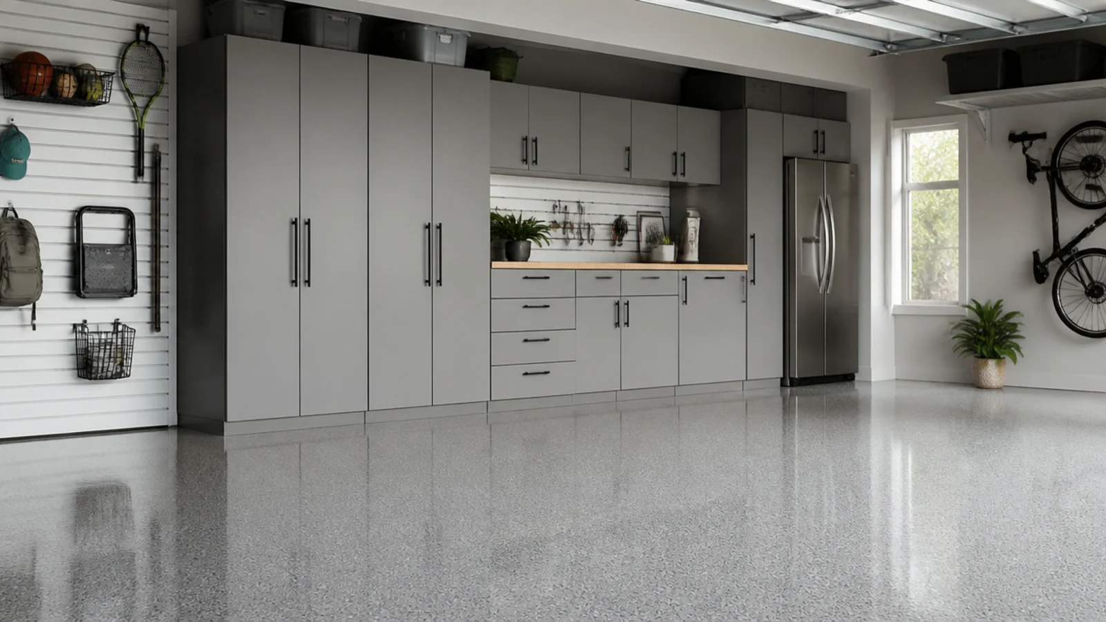 A garage floor finished in a smooth gray epoxy coating with subtle flake, glossy and clean under even lighting.