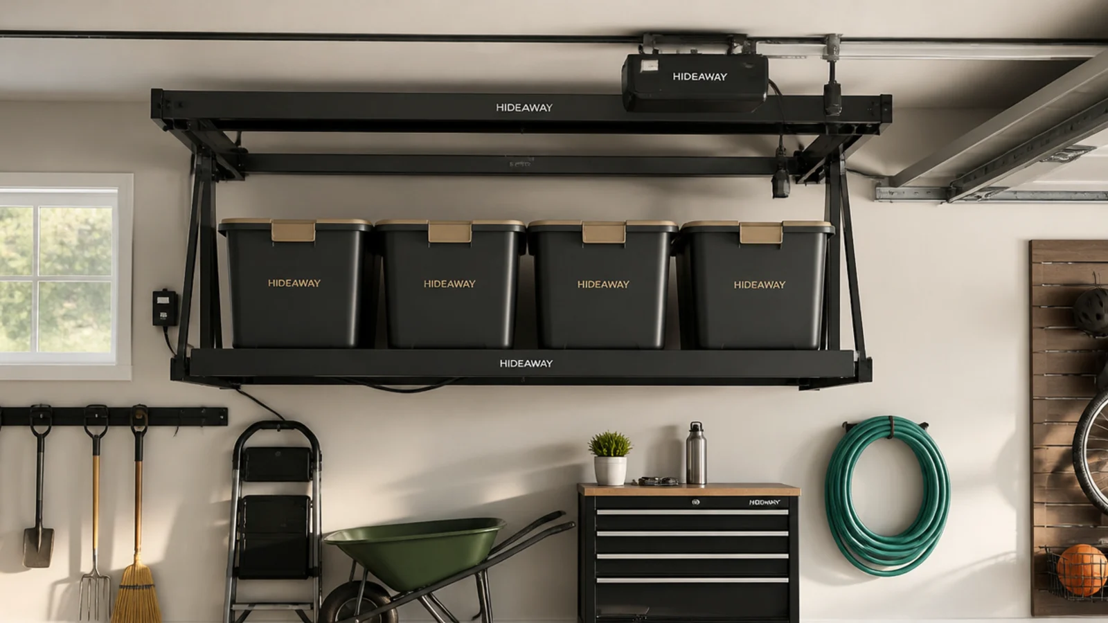 A sleek motorized platform lift mounted to the garage ceiling, lowering a set of matching bins at the push of a button.
