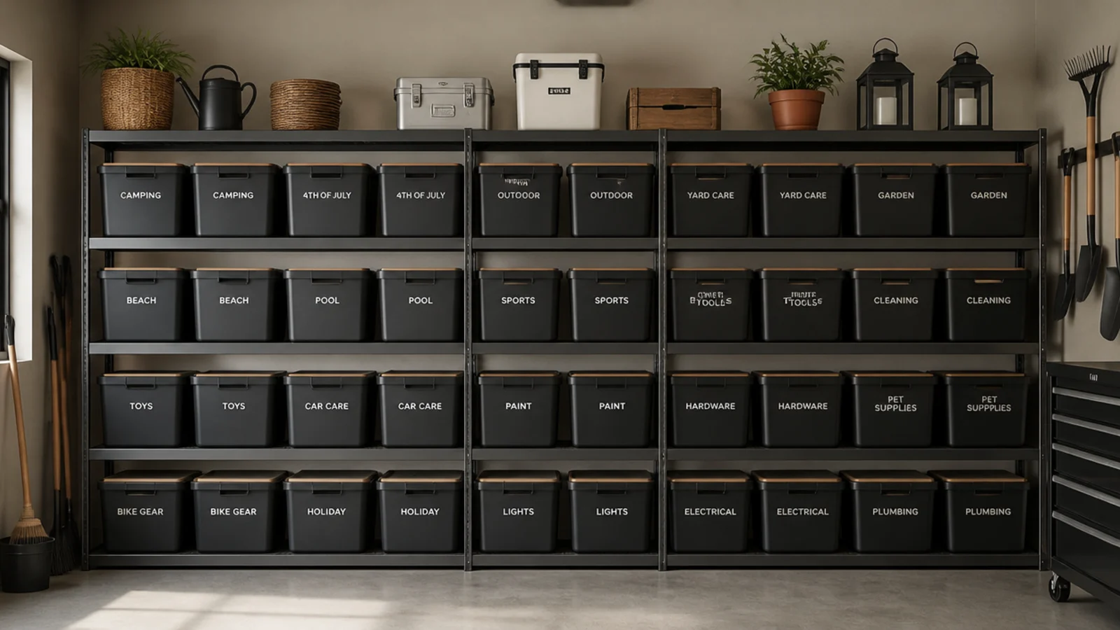 Rows of identical matte black bins with clean typographic labels lined up on modern garage shelves.
