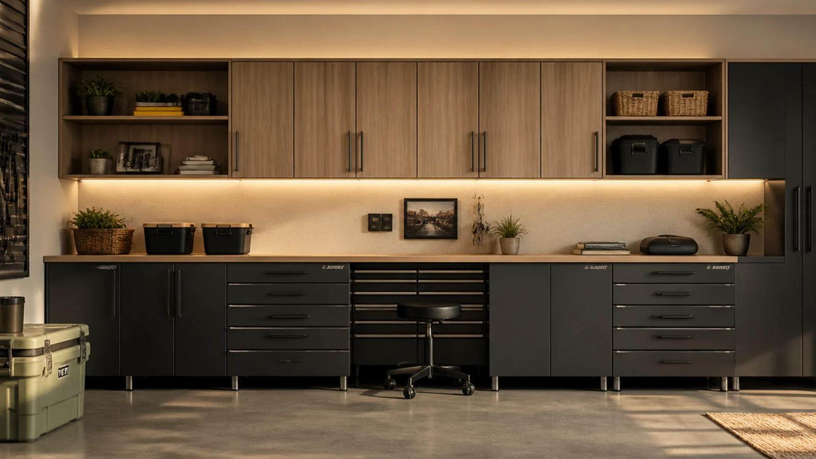 A modern garage lit by linear LED ceiling lights with strip lighting glowing under floating shelves and cabinets.