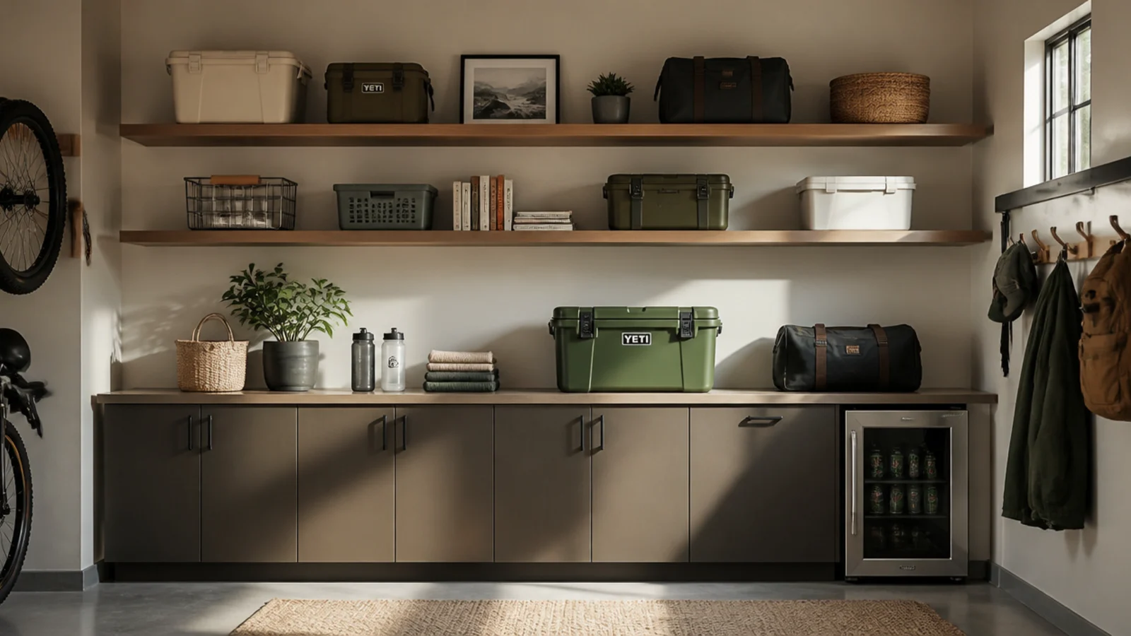 Minimalist floating shelves with hidden brackets on a modern garage wall holding a few curated items in a clean line.