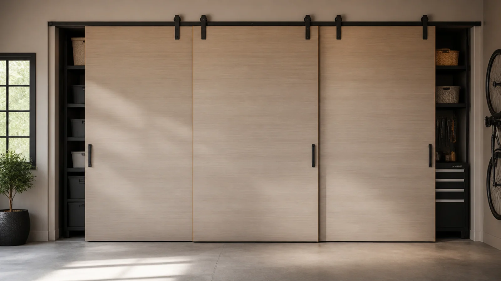 A modern garage wall of storage hidden behind large sliding barn-style panels, presenting a clean flat surface.