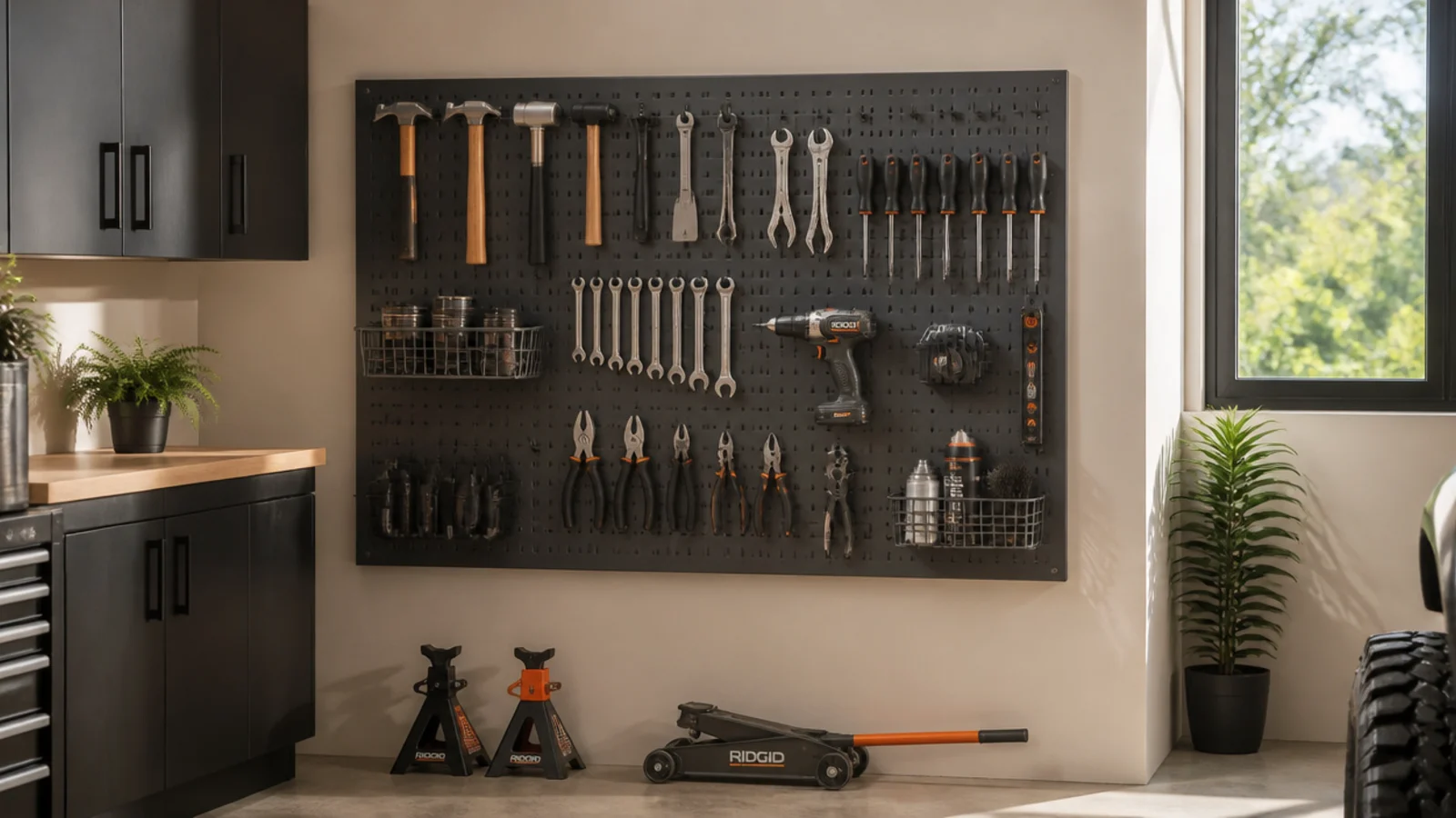 A sleek powder-coated steel pegboard on a modern garage wall holding tools on matching metal hooks in tidy rows.