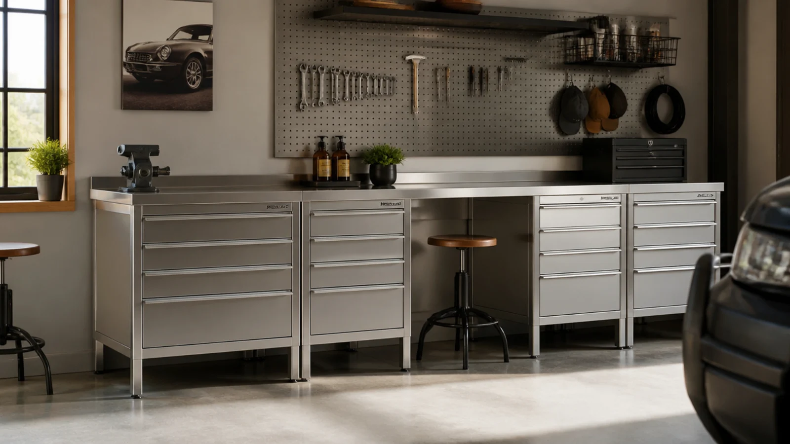 A modern modular workbench with a brushed stainless steel top and matching drawer cabinets beneath in a garage.