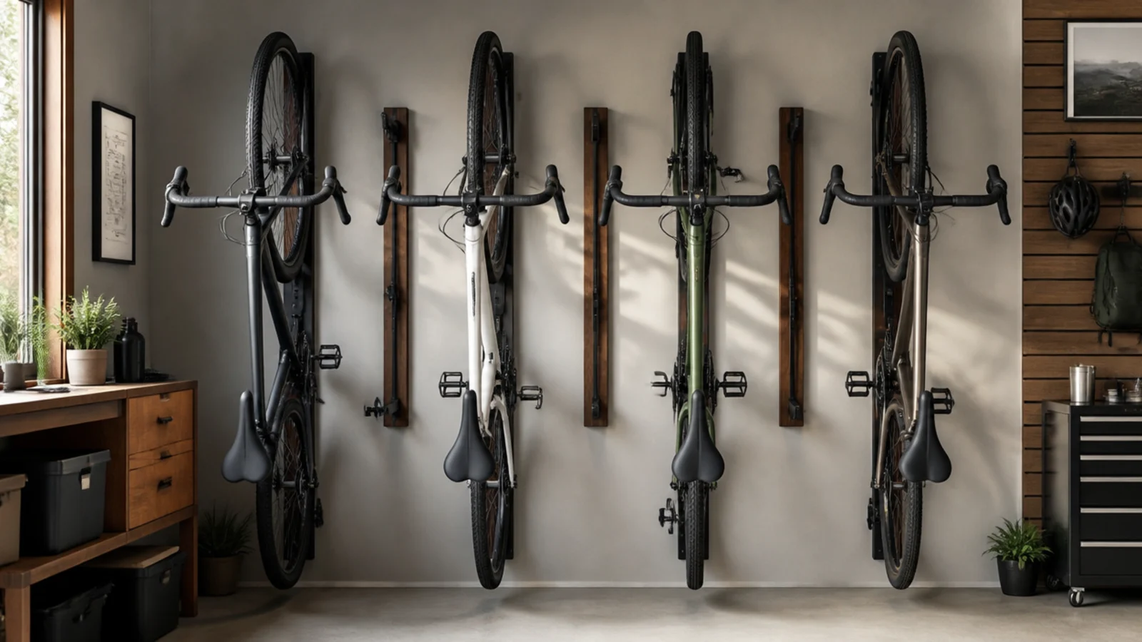 Bikes mounted vertically on sleek matching wall racks in a modern garage, evenly spaced like a display.