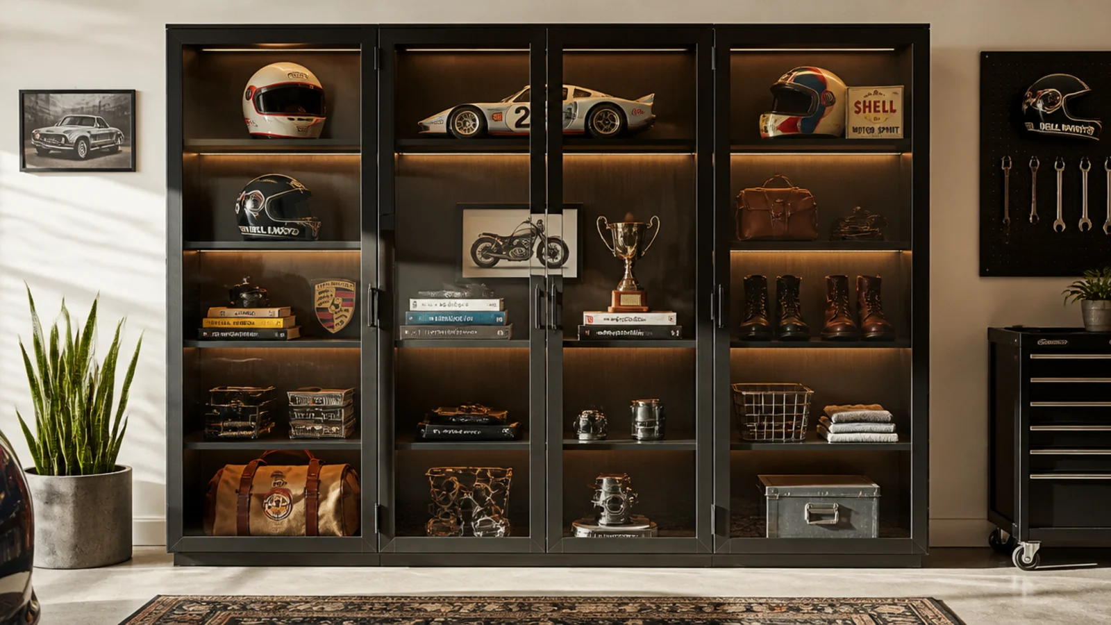 A modern glass-door cabinet in a garage displaying neatly arranged gear and collectibles behind clear glass.