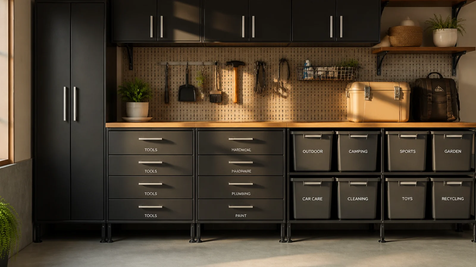 Modern garage drawers and bins labeled with clean, minimal typographic labels in a consistent font and placement.