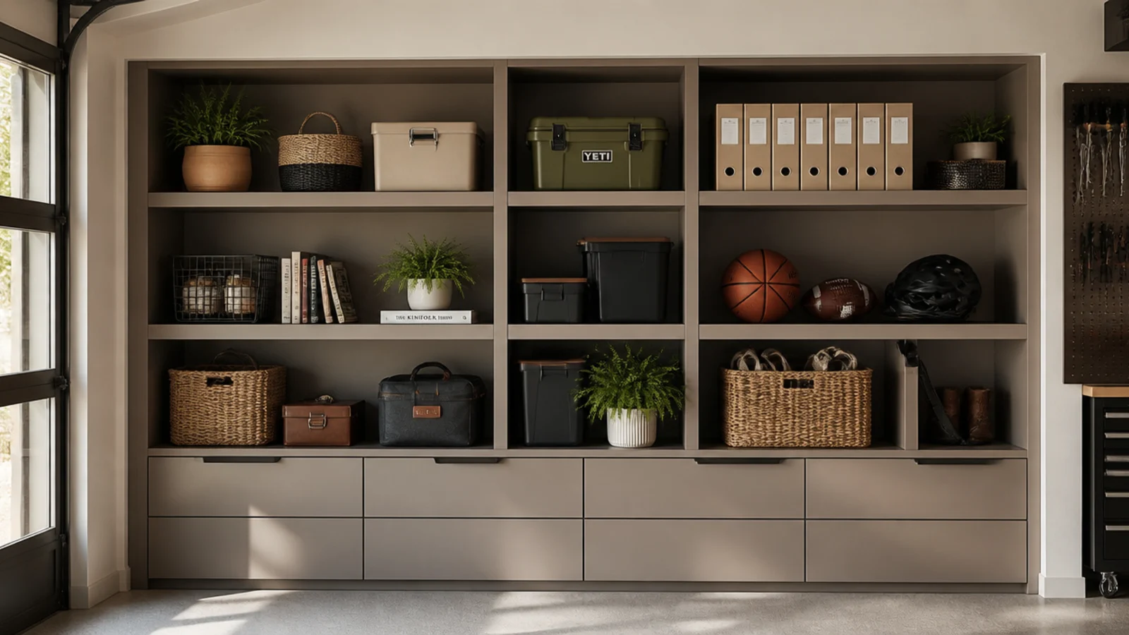 Shelves built into a recessed niche between the wall studs in a modern garage, flush with the wall surface.