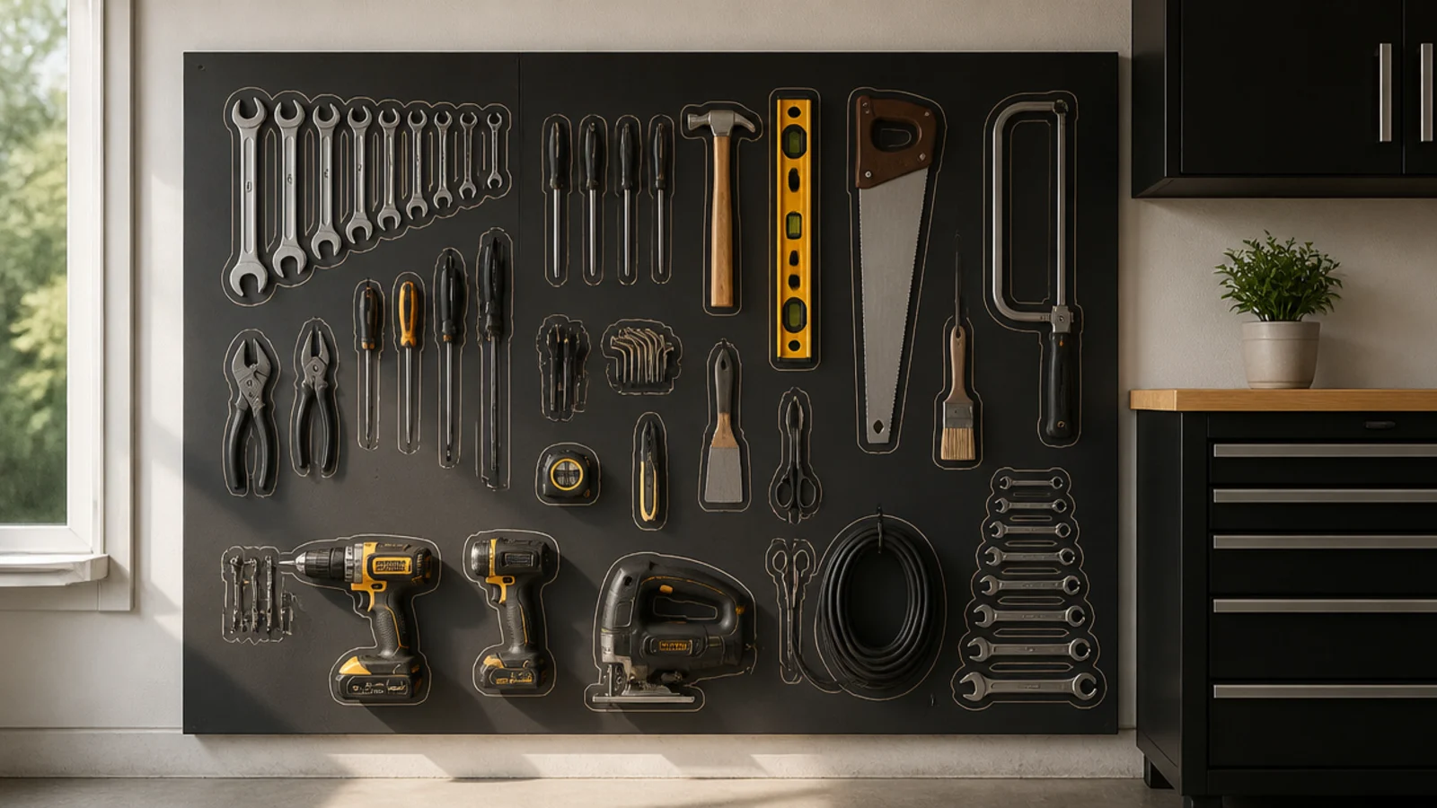 A dark shadow board in a modern garage with light-colored silhouettes marking the exact spot of each tool.