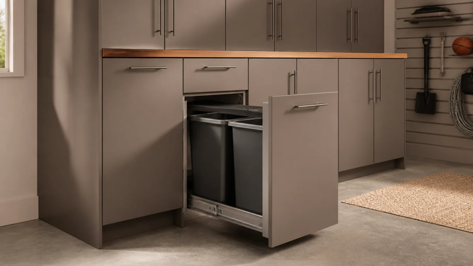 A modern garage cabinet with pull-out bins concealing trash and recycling behind a clean matching cabinet face.