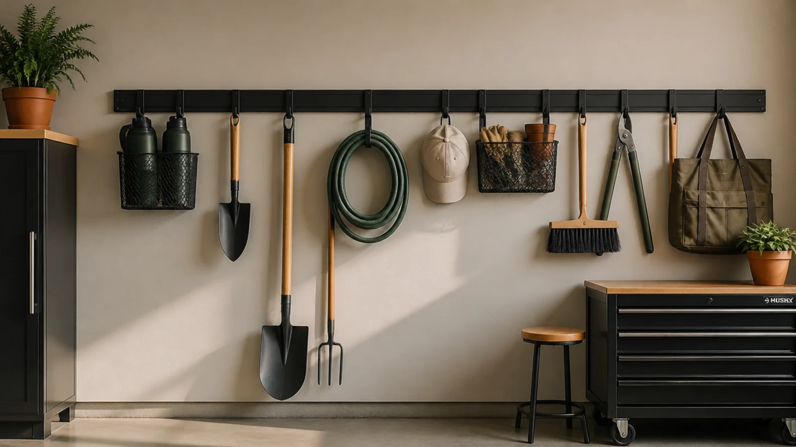 A single clean wall rail in a modern garage with matching black hooks and baskets holding a few tools in a tidy line.