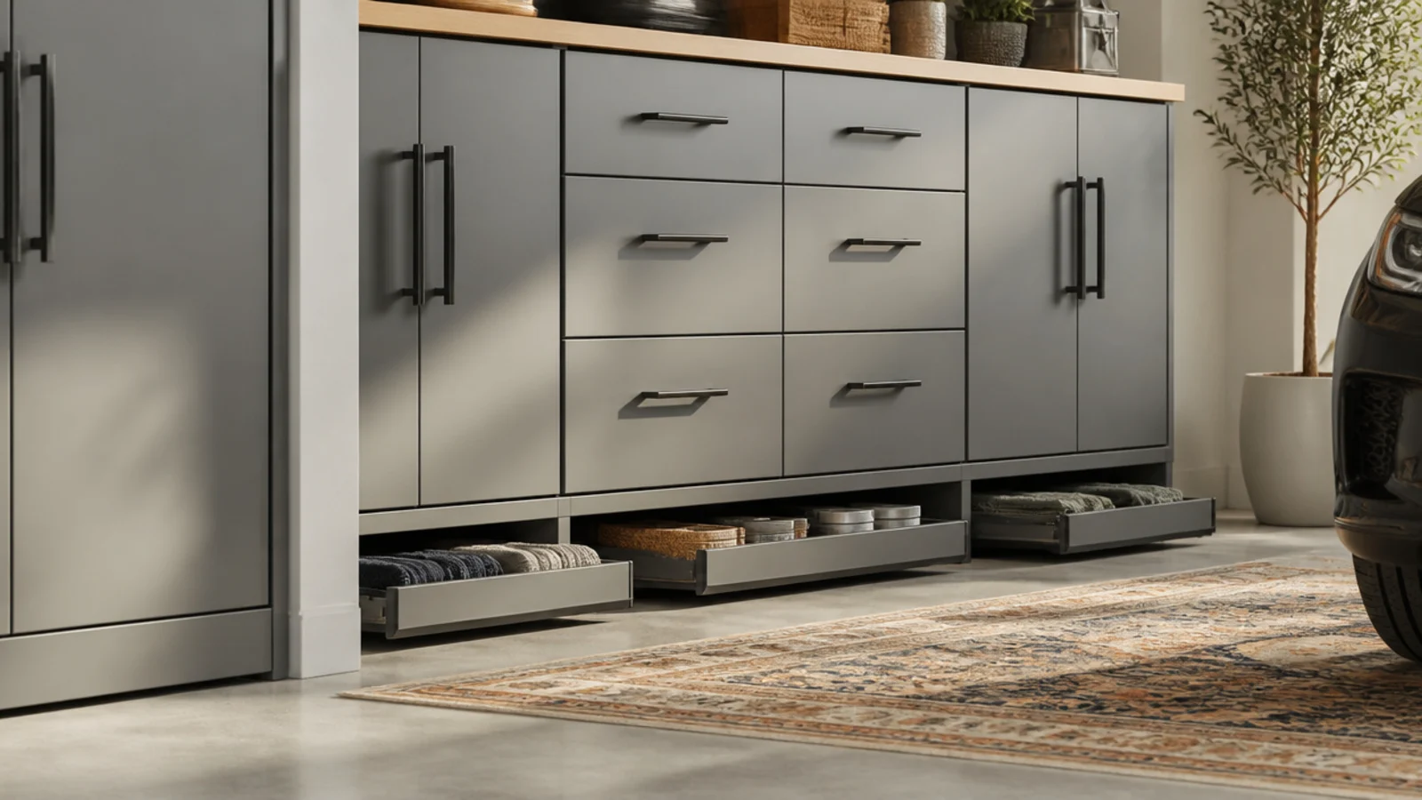 Slim pull-out drawers built into the toe-kick space beneath modern garage cabinets, flush with the cabinet base.