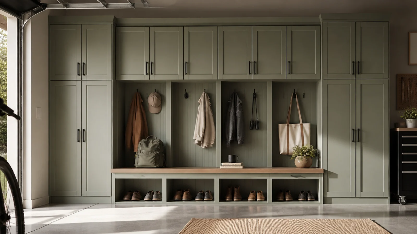 A row of matching modern lockers in a garage entry with cubbies, hooks, and a bench for coats, shoes, and bags.