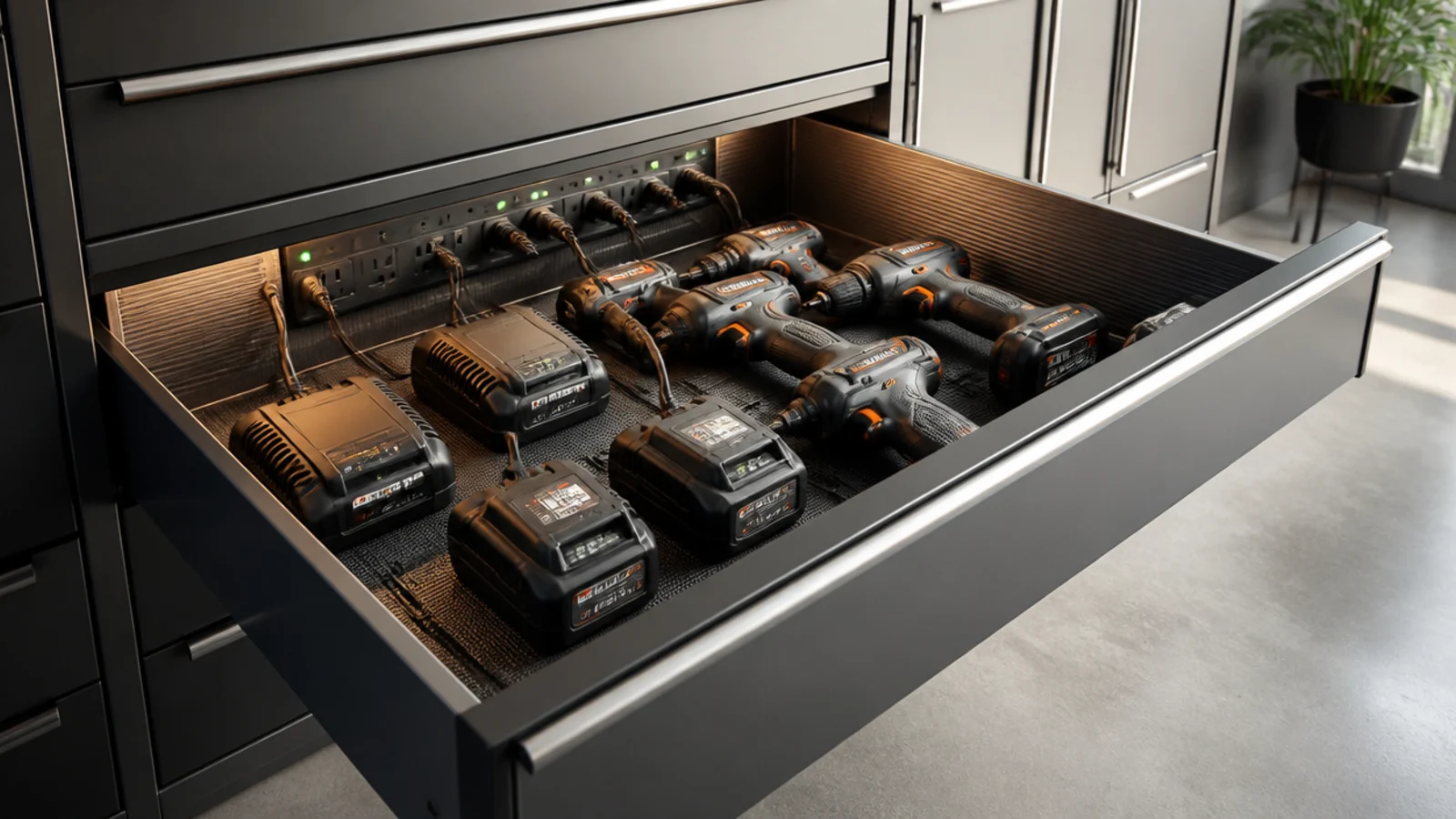 A modern garage cabinet drawer opened to reveal cordless tools and batteries charging on a concealed power strip inside.
