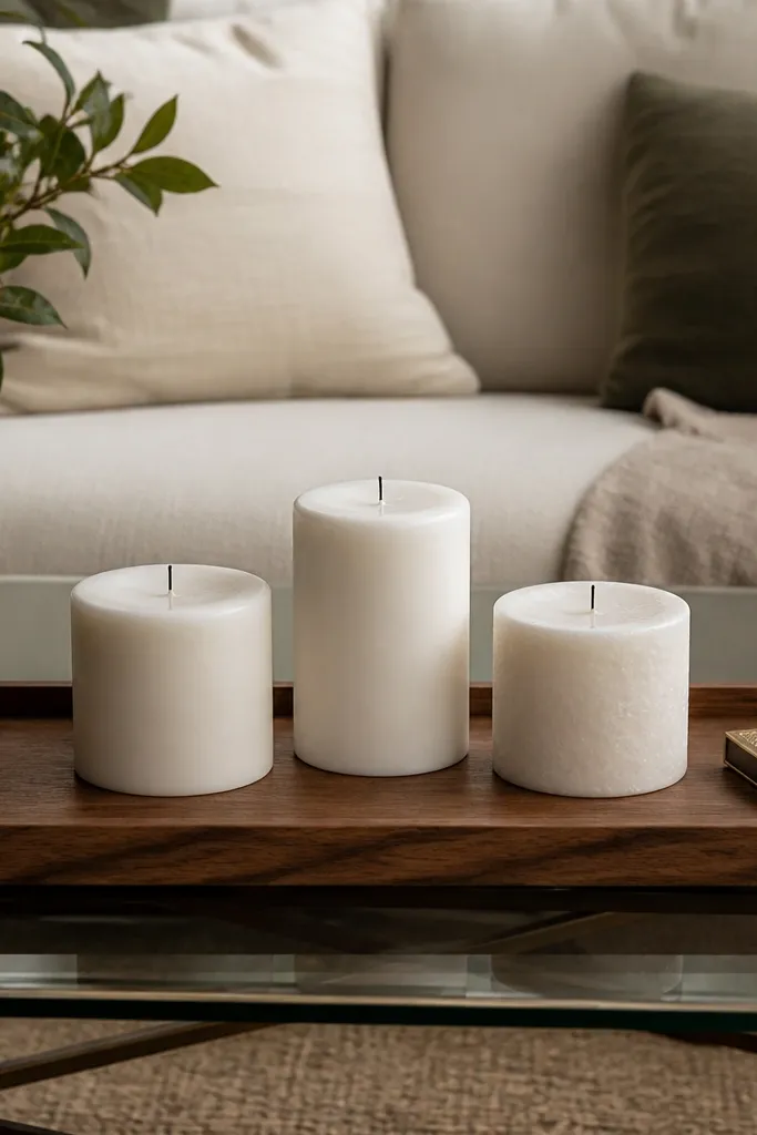 Walnut tray with three matte white candles on a glass coffee table
