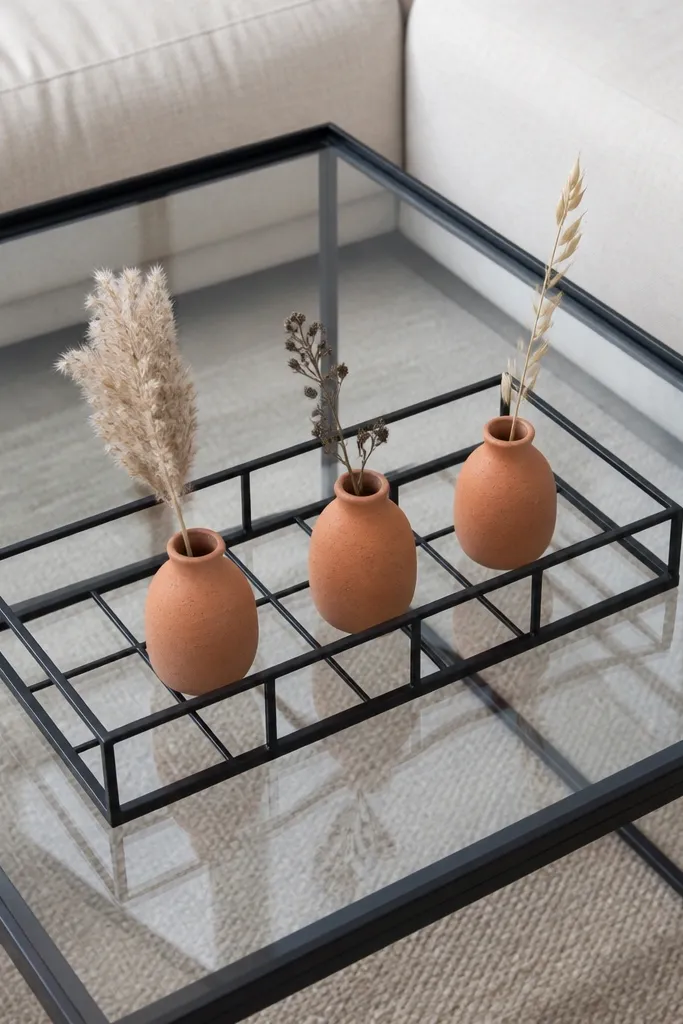 Black metal grid tray holding three terracotta bud vases