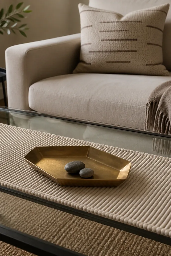 Ribbed ceramic runner with a small brass geometric tray on glass