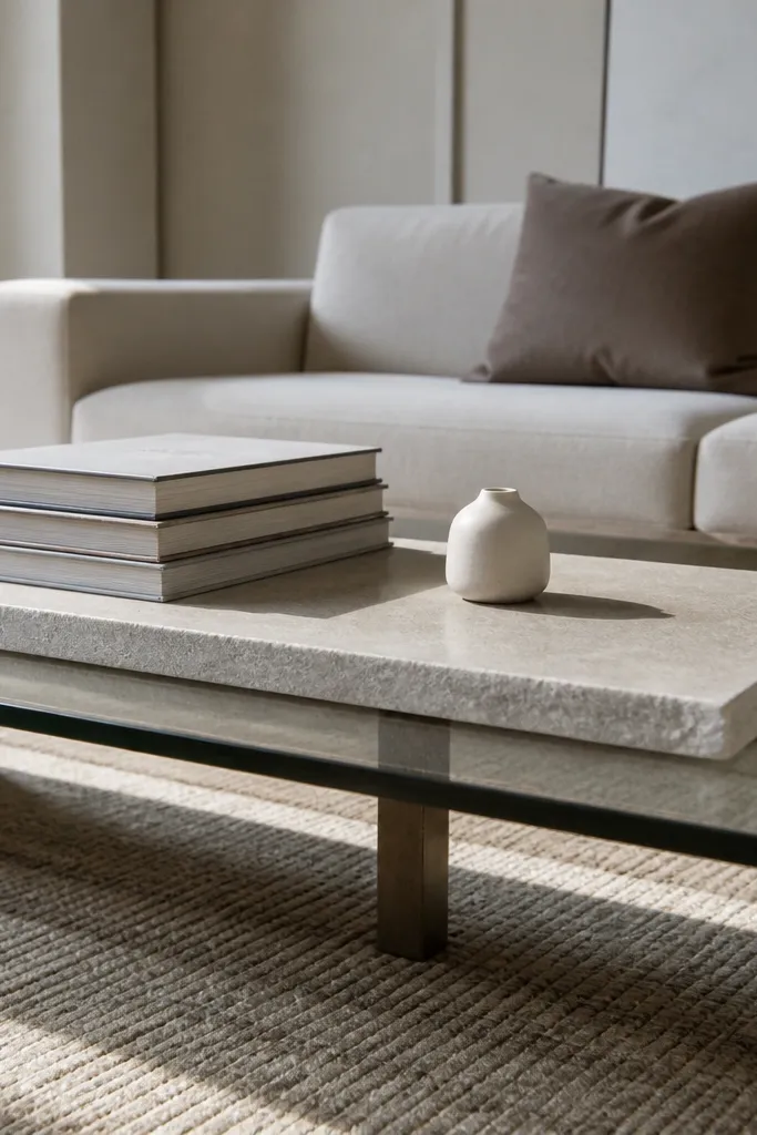 Thin stone slab on glass with a small book stack and decor