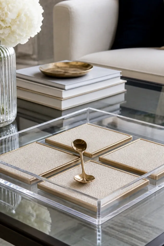 Clear acrylic tray with four matching coasters on glass coffee table