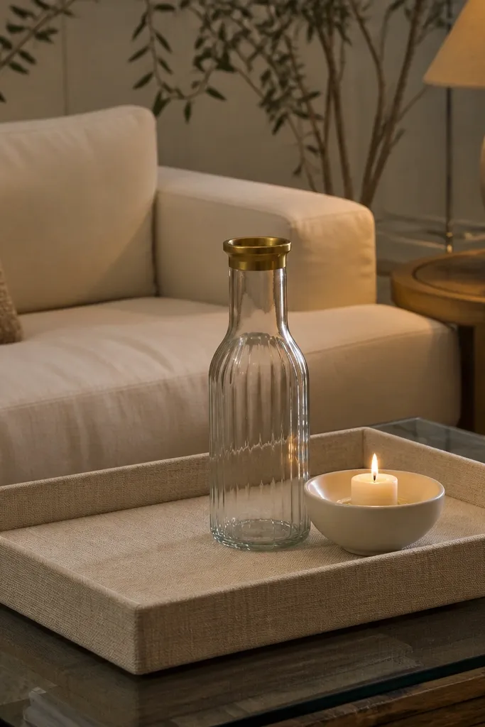 Large linen tray with a gold-trim glass bottle centerpiece