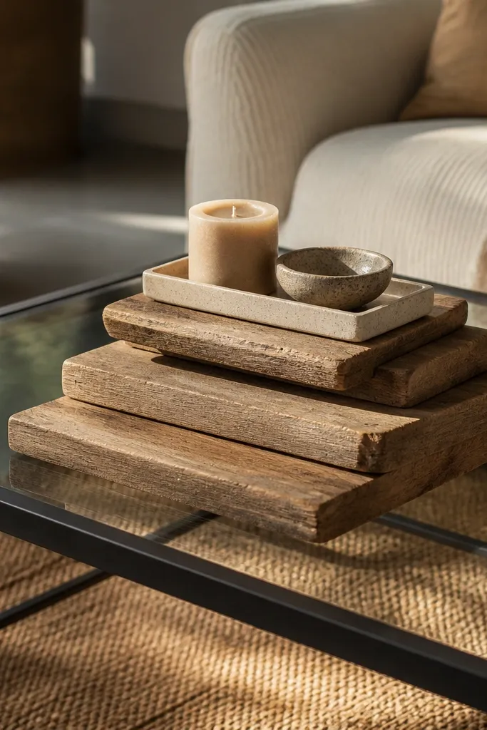 Stack of wood coasters with a small tray of mini decor on glass