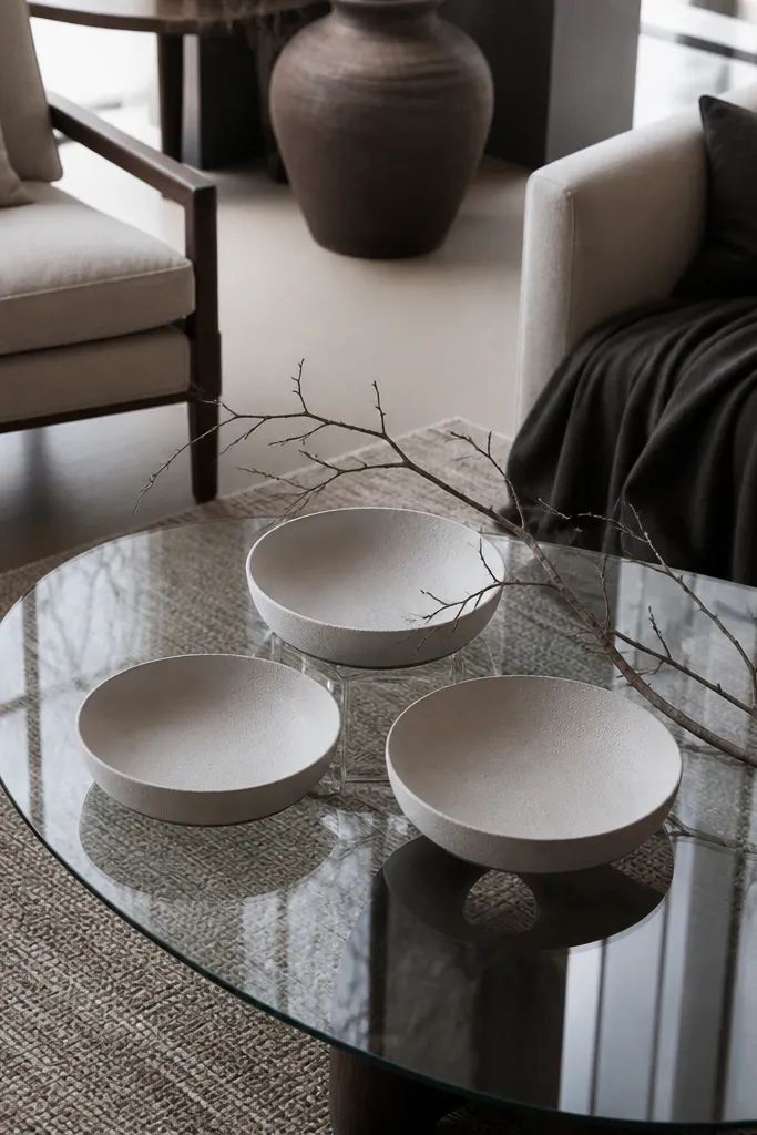 Three monochrome ceramic bowls with a dried branch on glass