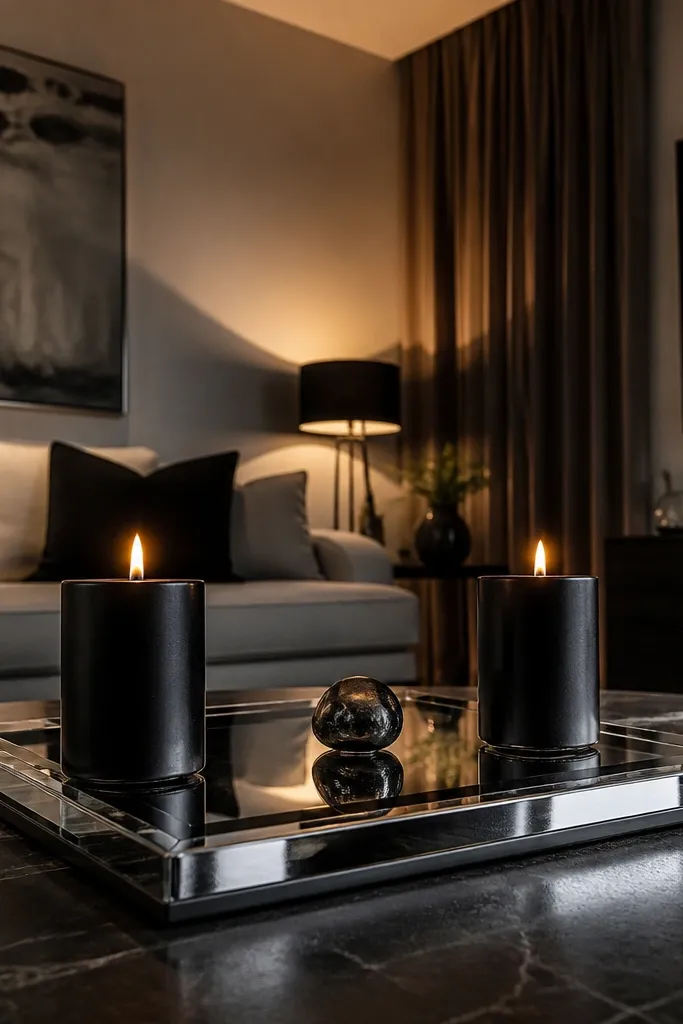 Mirrored tray with two black pillar candles on glass table