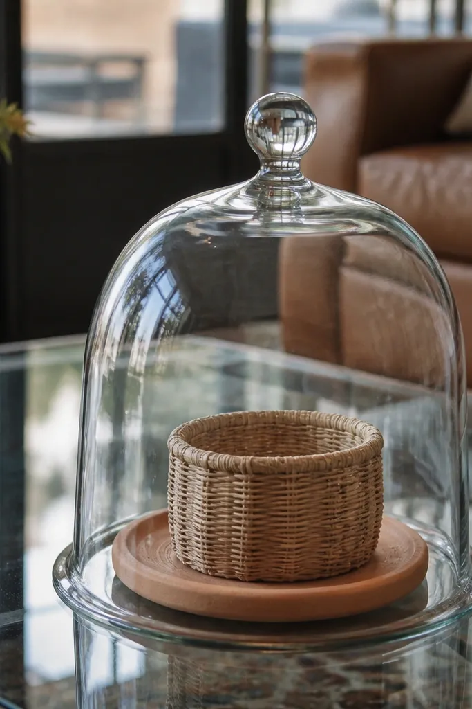 Glass cloche on glass table with textured objects underneath