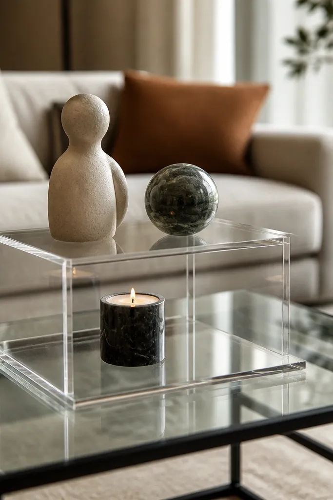 Two-tier acrylic riser with small sculptures on glass coffee table