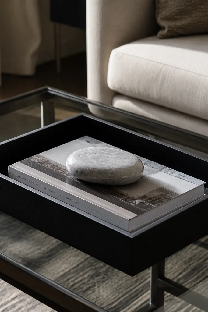 Tray with stacked magazines and a stone paperweight on glass table