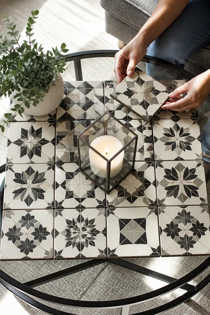 Ceramic tile coaster set with a small candle lantern on glass table