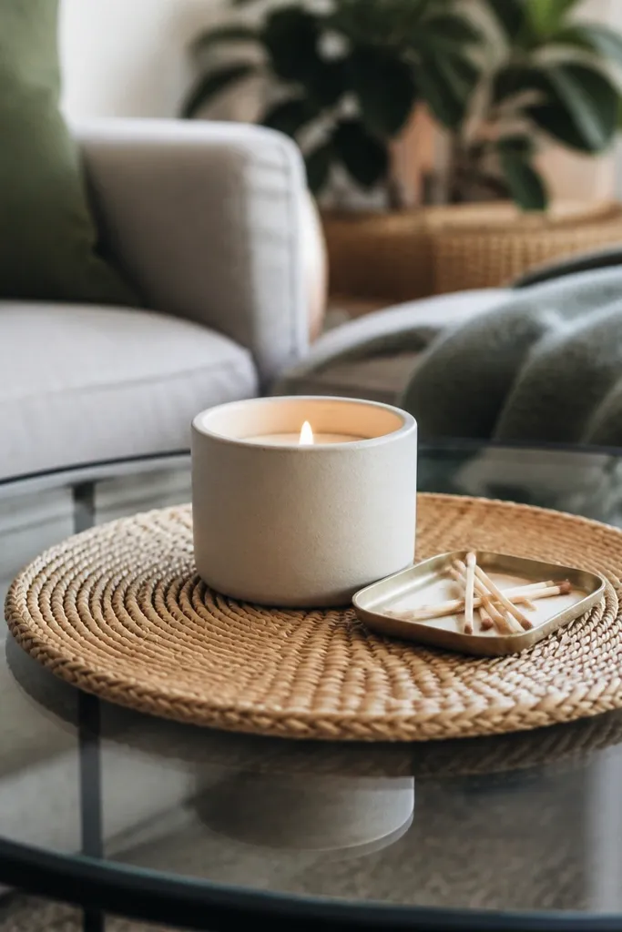 Rattan coaster mat with a minimal candle and match tray on glass