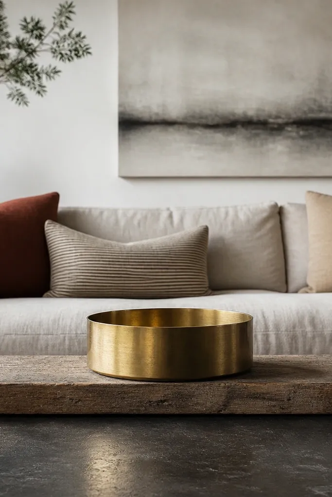 Reclaimed wood slat with brass ring bowl and small stone on glass