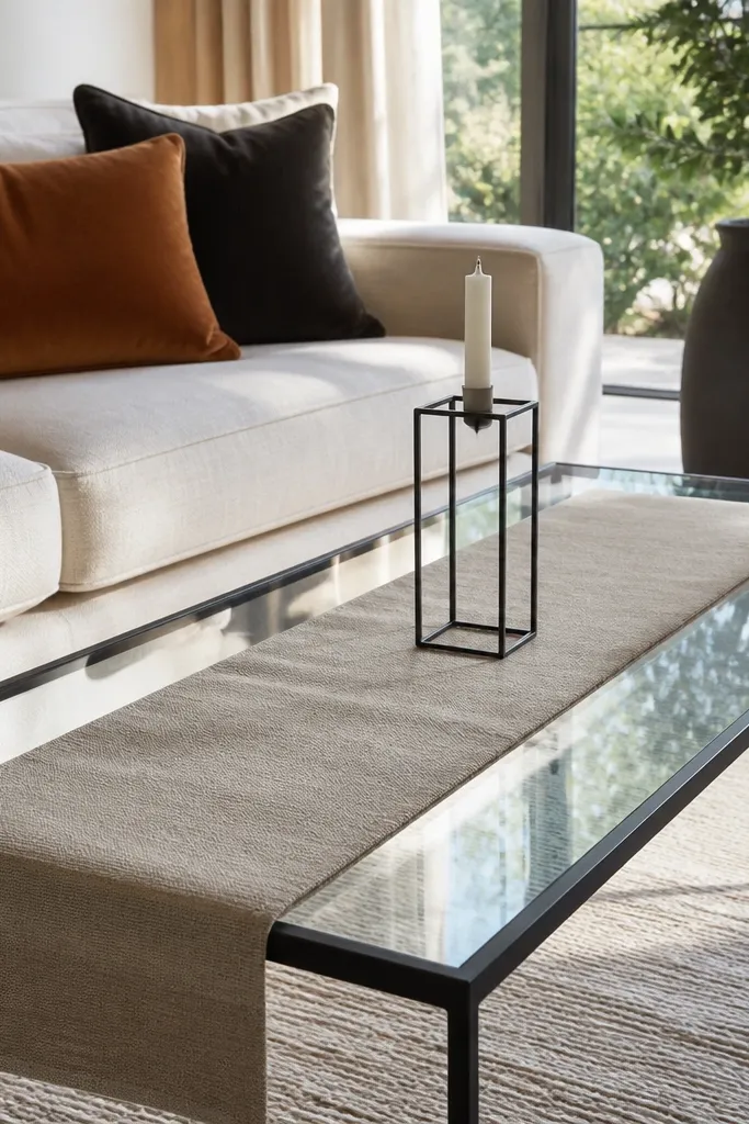Long tray runner with sculptural candle holder on glass coffee table