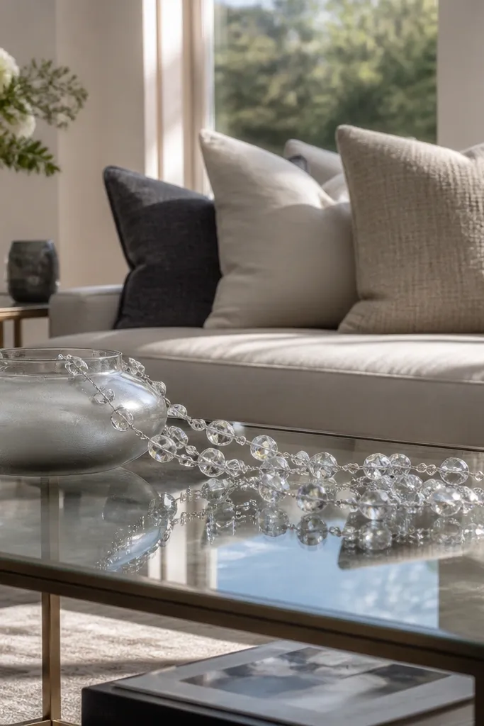Clear bead garland draped around a low vase on glass coffee table