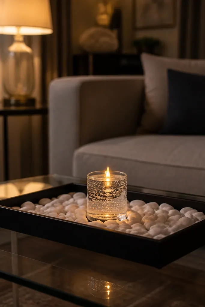 Black tray filled with white pebbles and a mini candle