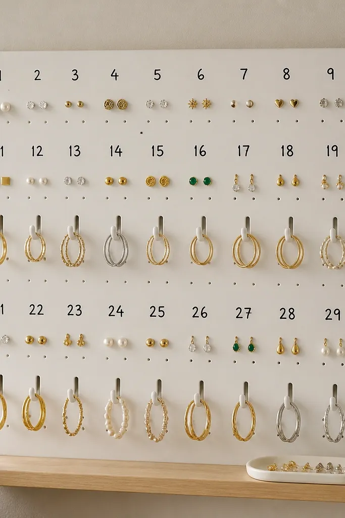 A white pegboard mounted on a wall with neat rows of small numbered metal hooks. Stud pairs hang on tiny pegs, hoops on larger hooks, and three rows are labeled with black marker numbers. A thin wood ledge sits at the bottom holding a small tray for lost backs.