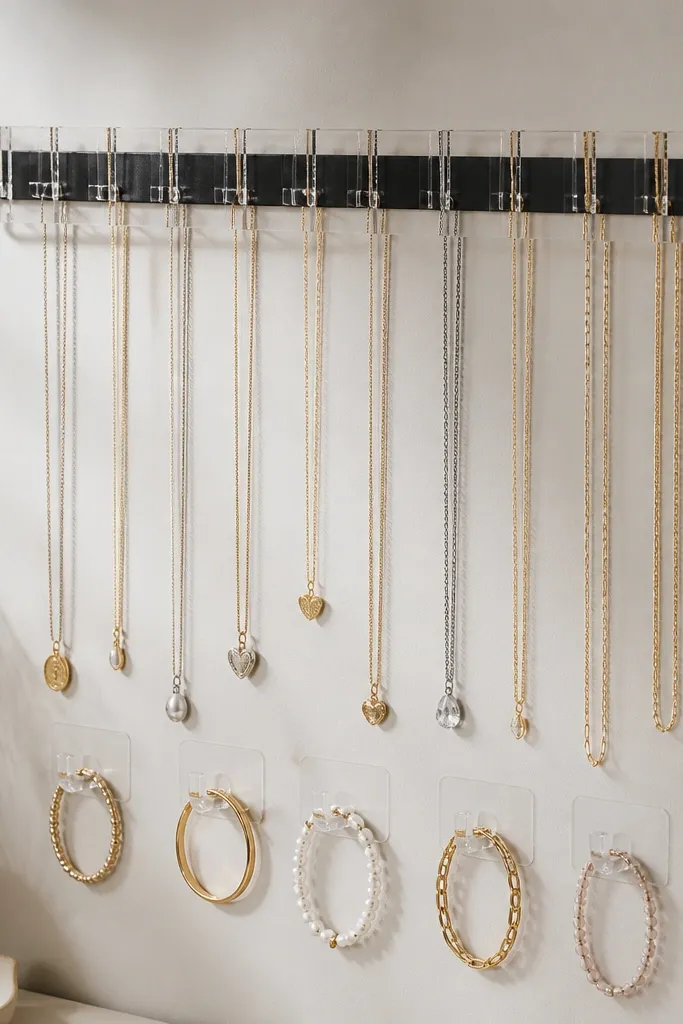 A wall-mounted clear acrylic strip with small U-shaped standoffs. Several necklaces hang straight down without knots. A thin black strip behind the acrylic makes the jewelry pop, and a small row of adhesive hooks sits under the rail for bracelets.
