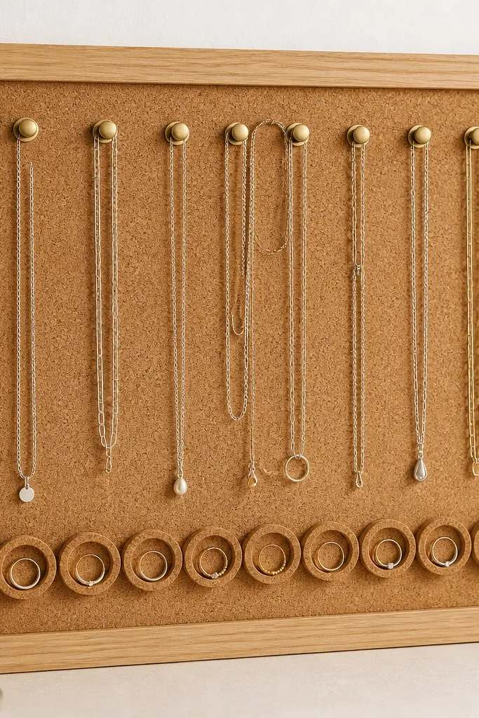 A cork board framed in light wood. Brass push pins hold thin chain loops. Along the bottom there are small round ring wells made from glued cork circles, each sized to fit one ring band.