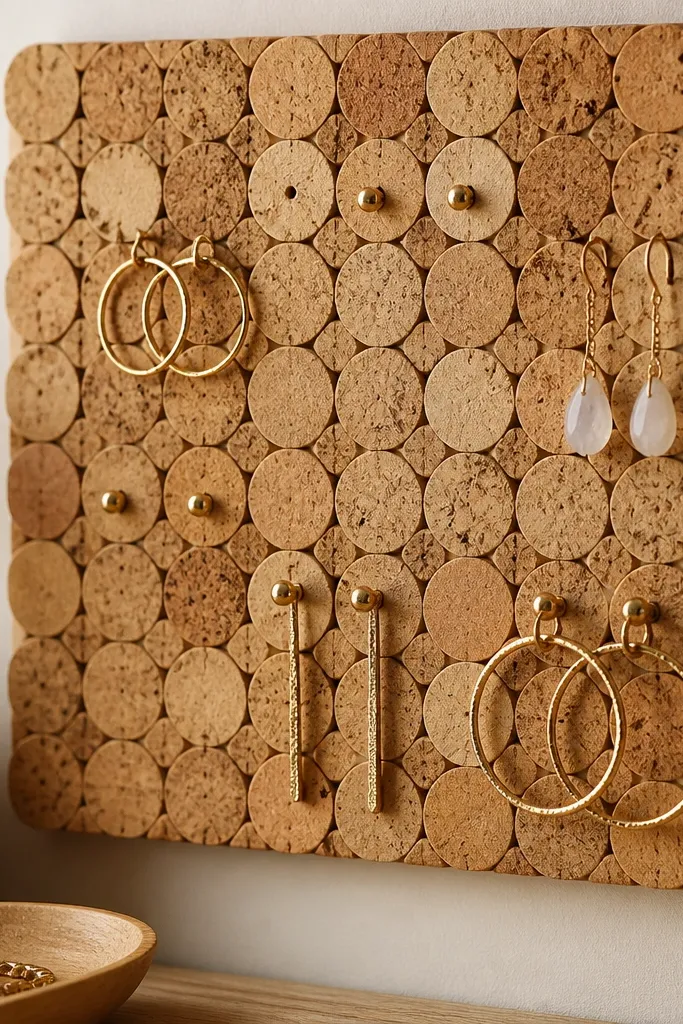 A cork board made from a patchwork of wine cork slices arranged in a grid. Small studs are pushed into drilled holes, and hoops hang from tiny eyelets screwed into the cork. The board has a matte clear coat and looks warm, with light tan and darker cork speckles.