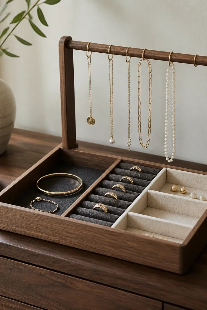 A shallow wooden tray on a dresser. Inside are felt-lined sections in charcoal gray and cream. A slim dowel stands vertically at the back with small hooks for necklaces, while rings sit in a stitched felt channel.