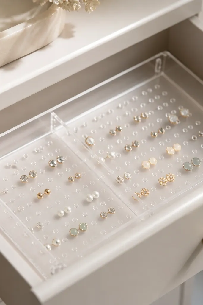A see-through acrylic organizer insert resting inside a shallow drawer. On the base are small rows of raised silicone dots. Tiny earring studs are pressed into the dots, and a long divider creates separate zones.