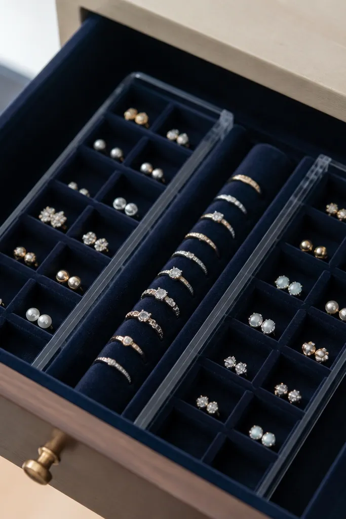 A shallow drawer insert covered in deep navy velvet. Inside are two sliding dividers made from thin acrylic sheets with rounded edges. Small compartments hold studs, and a long narrow channel holds rings upright.