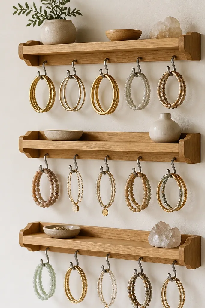 Three small wooden shelves mounted vertically on a wall. Under each shelf are cup hooks holding bangles and bracelets. The wood is stained light oak, and the hooks are brushed nickel.