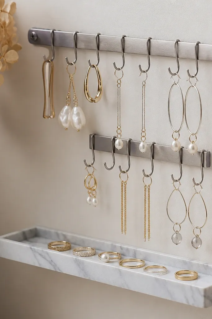 A slim metal rail mounted on a wall, holding S-hooks in two heights. The base is a small board covered in marble-look contact paper in gray veining. Earrings hang on hooks while rings sit on a tray at the bottom.