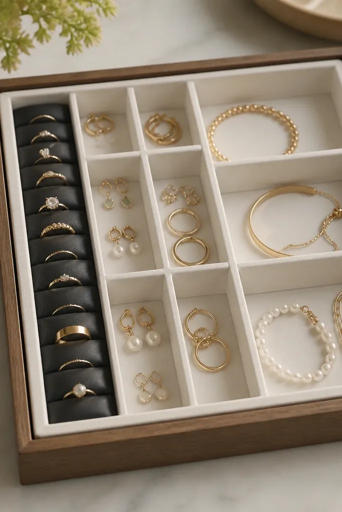 A white cutlery organizer tray inside a larger wooden tray. Several narrow slots hold earrings and bracelets. A small roll made from black faux leather sits along one side for rings.
