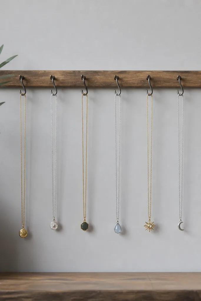 A narrow wooden rail mounted horizontally with evenly spaced S-hooks. Several necklaces hang from the hooks, each chain separated. The background behind the rail is a light gray painted wall, giving a calm modern look.