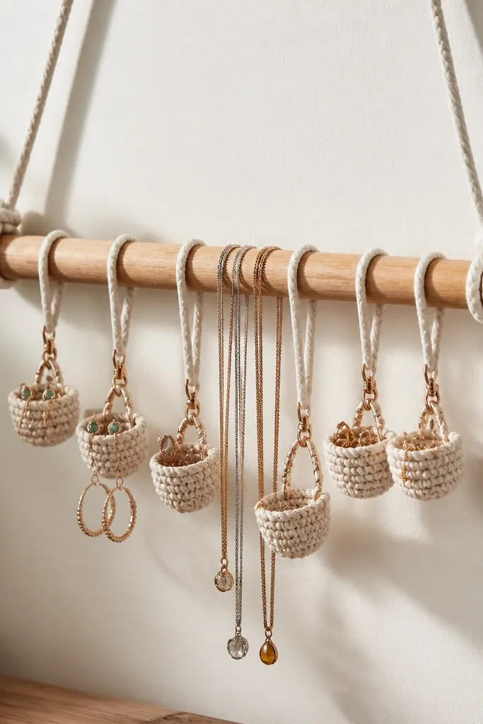 A simple dowel bar hung with thick cotton cord loops. From the cord, small clipped mini baskets hold earrings and tiny charms. Chains drape over the dowel without tangling.