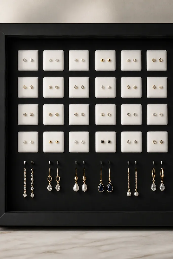 A glass-front shadow box frame with a black backing. Inside are white foam squares with pairs of studs pinned in a tidy grid. A few small hooks at the bottom hold dangling earrings.